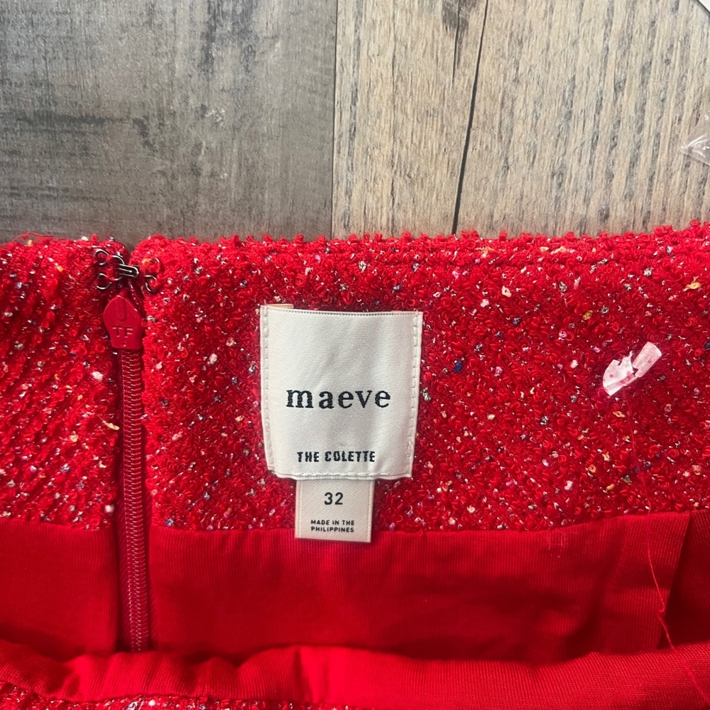 Maeve Anthropologie Red Boucle Tweed Ruffle Hem Wide Leg Pants Crystal Button - Picture 3 of 12